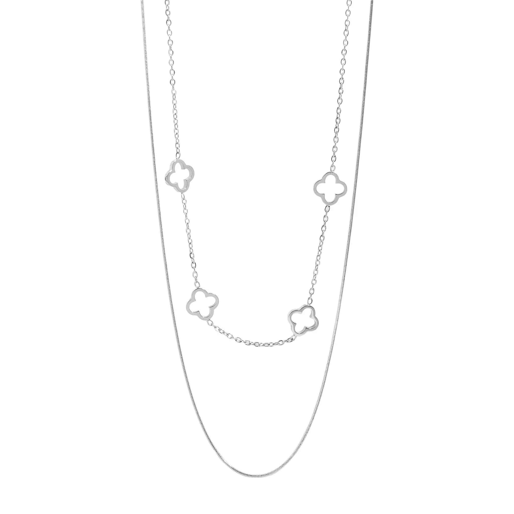 18K Gold PVD Stainless Steel Layered Clover Charm Necklace / CHN0020