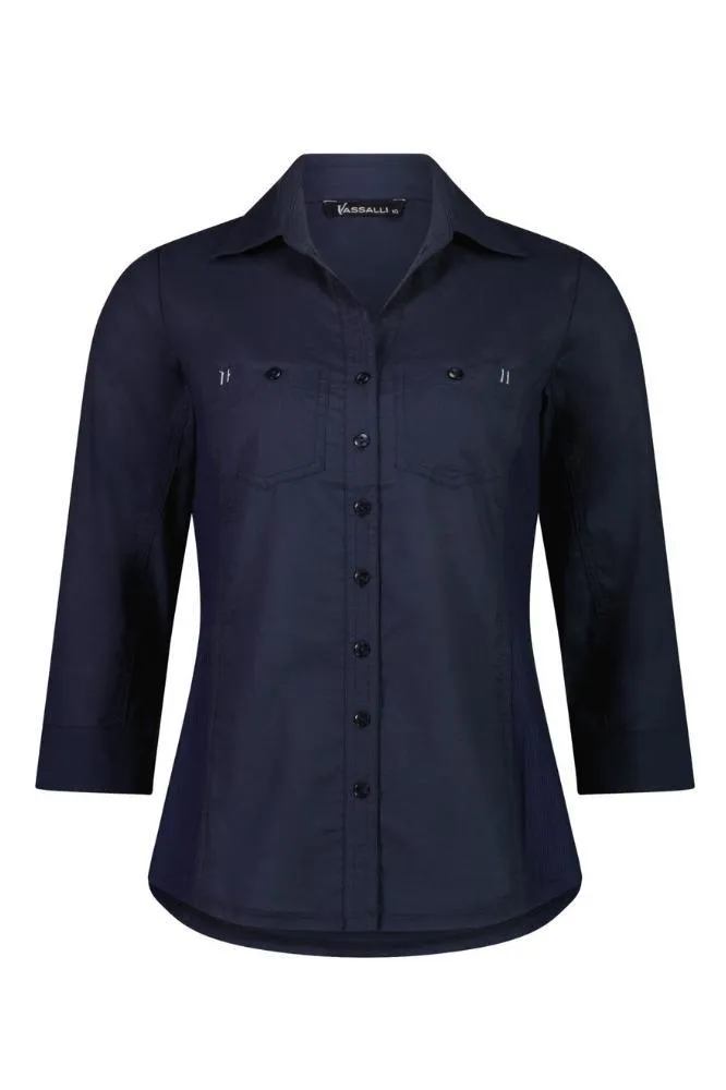 Vassalli Button Up Shirt with Rib Panels Ink
